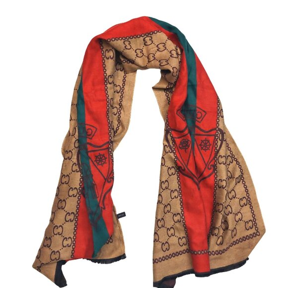 GUCCI Vintage Multi-color Brown Tan Green Red Silk Shawl Wrap Scarf - Picture 1 of 8